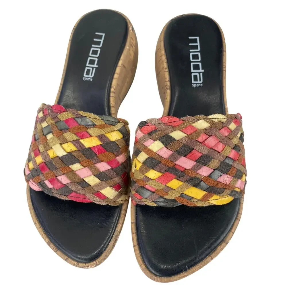Moda Spana Women's Woven Multicolor Wedge Sandal Brown Pinks Yellow Cream S 7.5